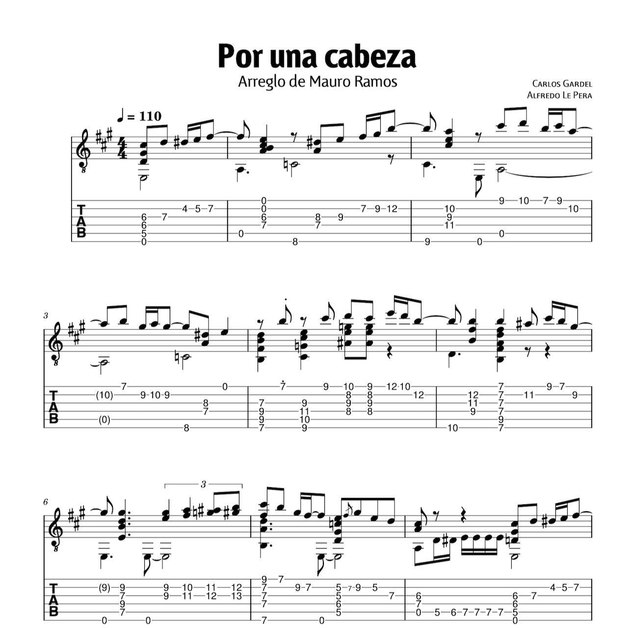 一步之遥）Por una Cabeza》,Carlos Gardel（六线谱 调六线-独奏吉他谱-虫虫吉他谱免费下载